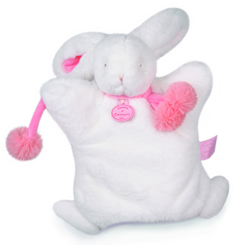  lapin pompon marionnette rose corail blanc 